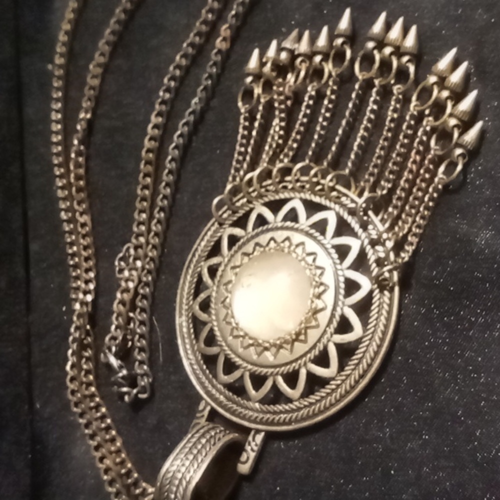 Bohemian moon stone Pendant tassel Necklace a brassy gold tone 38 in long